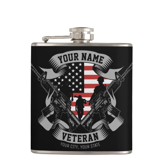 Personalized American Veteran Proud Vet USA Flag  Hip Flask (Front)
