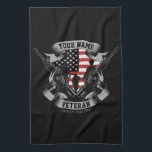 Personalized American Veteran Proud Vet USA Flag   Kitchen Towel<br><div class="desc">Personalized American Veteran Proud Vet USA Flag featuring Soldiers with Firearms and American Flag Design. Personalized with your Name,  Custom Text and Location! Perfect gift for that special person in your life!</div>