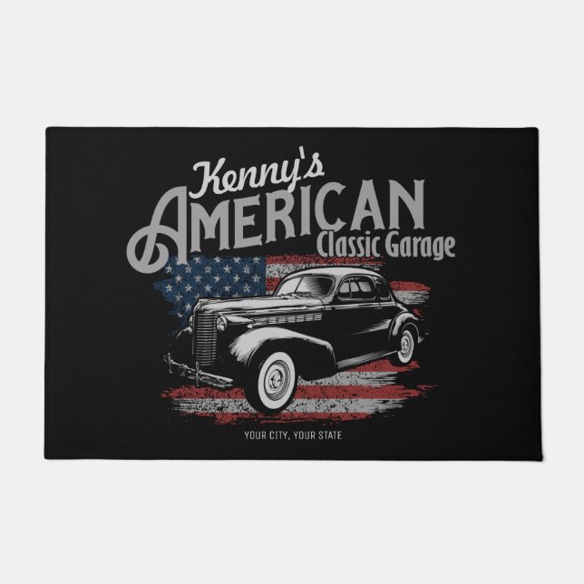 Personalized American Vintage Classic Car Garage  Doormat (Front)