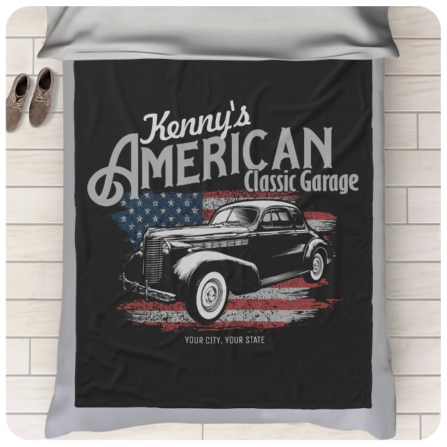Personalized American Vintage Classic Car Garage  Fleece Blanket (Creator Uploaded)
