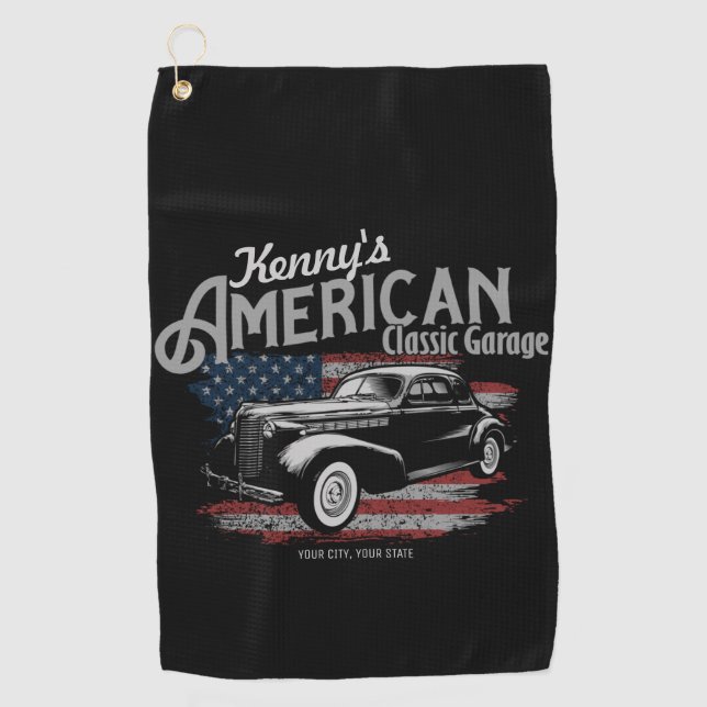 Personalized American Vintage Classic Car Garage  Golf Towel (Front)