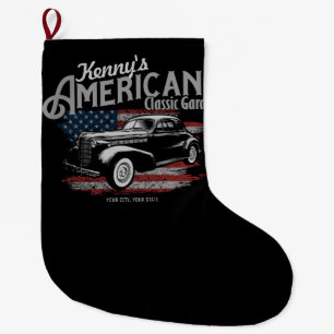 Personalized American Vintage Classic Car Garage   Large Christmas Stocking