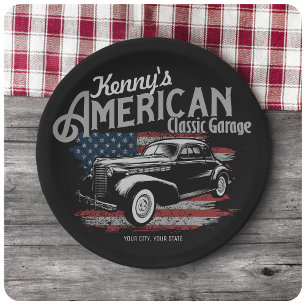 Personalized American Vintage Classic Car Garage  Paper Plate