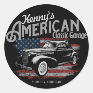 Personalized American Vintage Classic Car Garage  Round Sticker