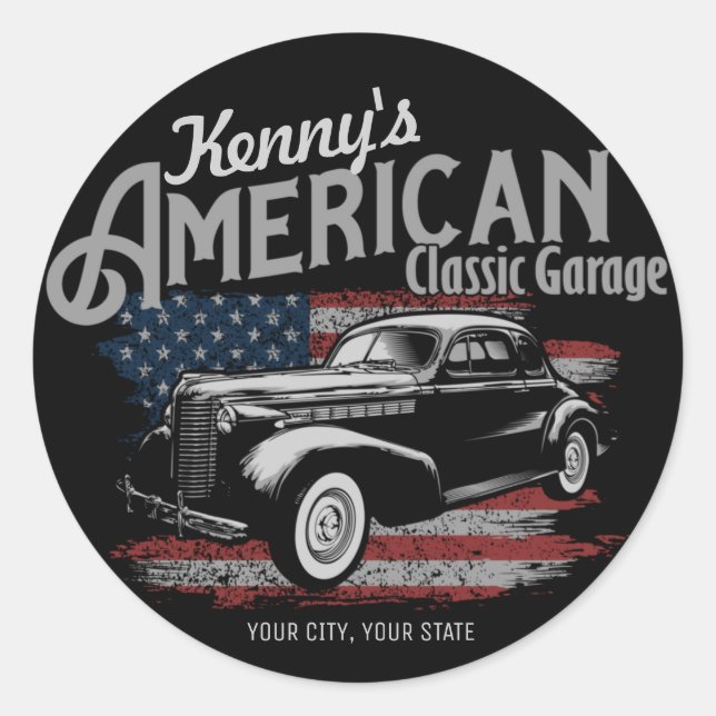 Personalized American Vintage Classic Car Garage  Round Sticker (Front)