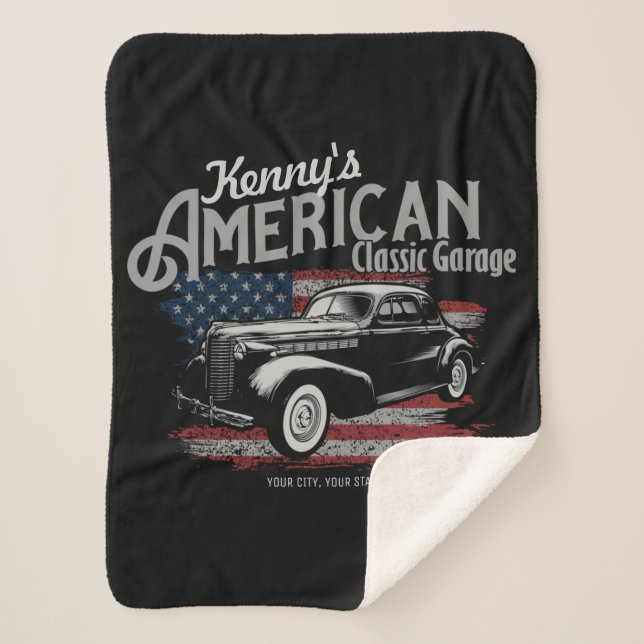 Personalized American Vintage Classic Car Garage  Sherpa Blanket (Front)