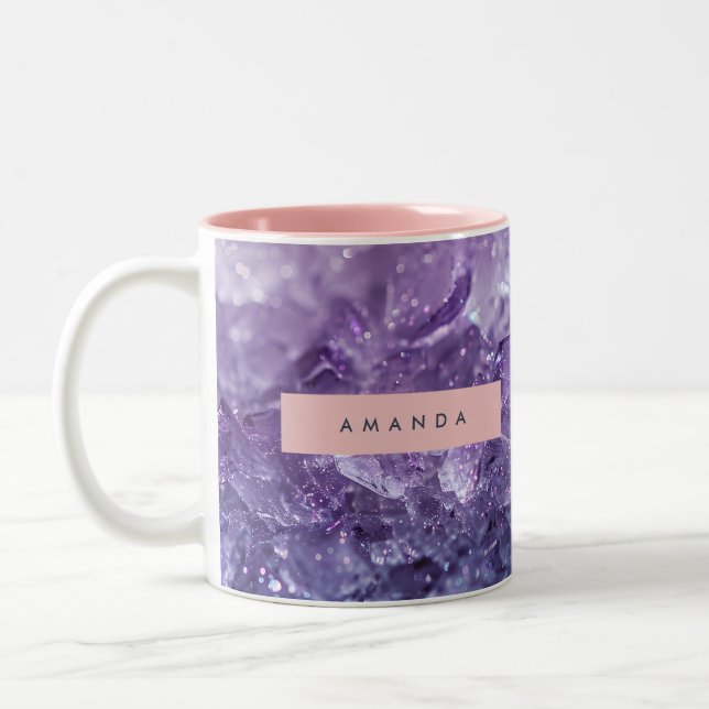 Personalized Amethyst Crystal & Lavender Sparkle Two-Tone Coffee Mug (Left)
