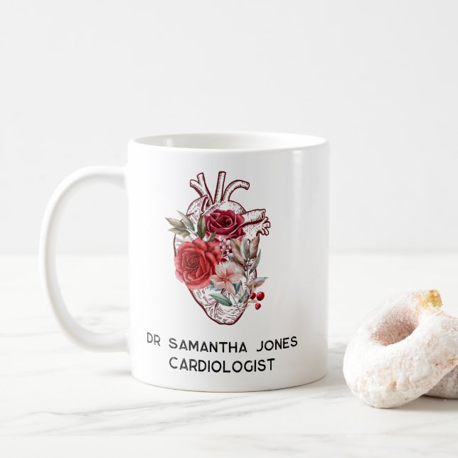 Personalized Anatomical Heart Floral Cardiologist Coffee Mug (With Donut)