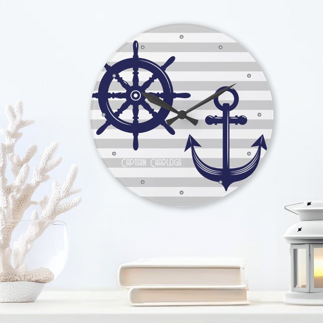 Personalized Anchor and Boat Helm Wheel Nautical Large Clock (Creator Uploaded)