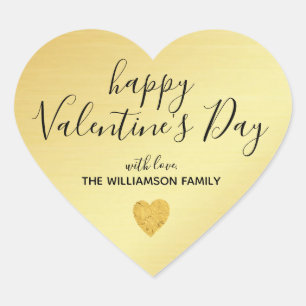 Personalized and Trendy Gold Happy Valentines Day Heart Sticker