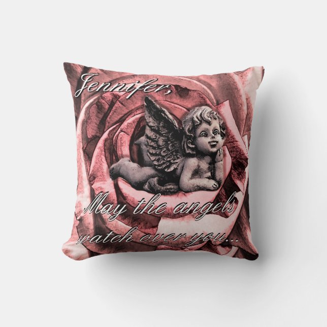 Personalized Angel Cherub with Rose Inspirational Throw Pillow (Front)