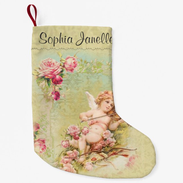 Personalized Angel playing Violin Roses Small Christmas Stocking (Front)