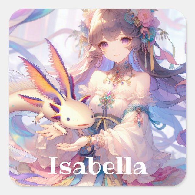 Personalized Anime Girl and Axolotl Square Sticker (Front)