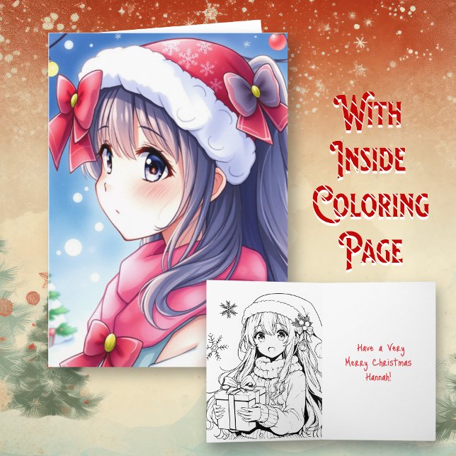 Personalized Anime Girl Colouring Page Christmas Card (Creator Uploaded)