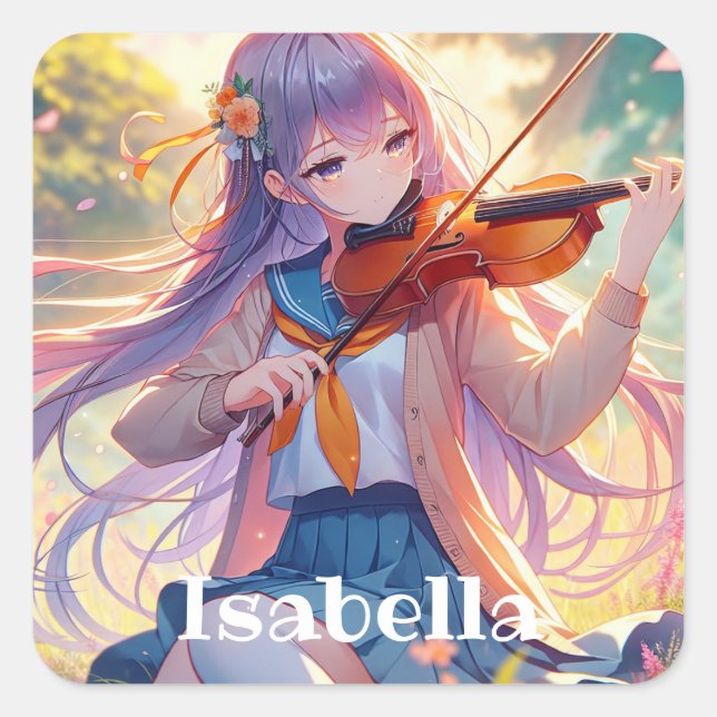 Personalized Anime Girl Playing the Violin Square Sticker (Front)