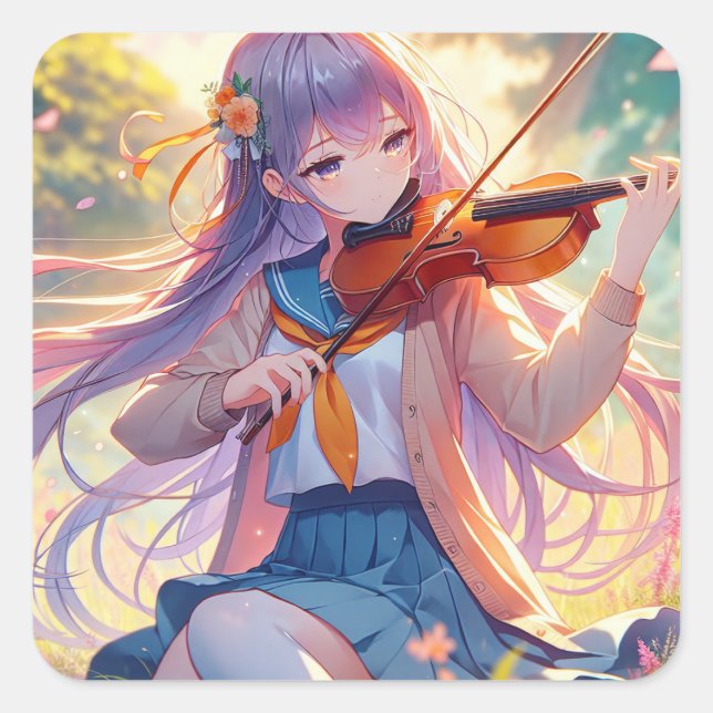 Personalized Anime Girl Playing the Violin Square Sticker (Front)