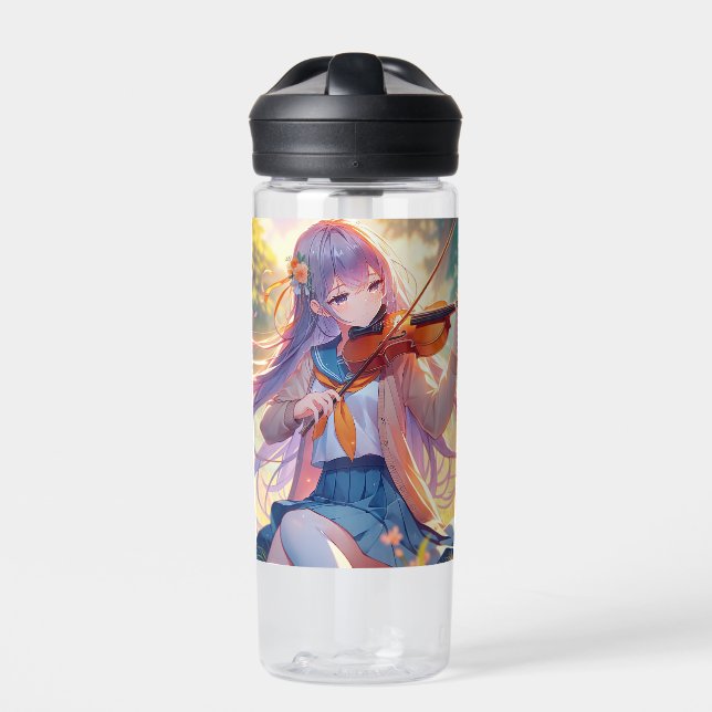Personalized Anime Girl Playing the Violin Water Bottle (Front)