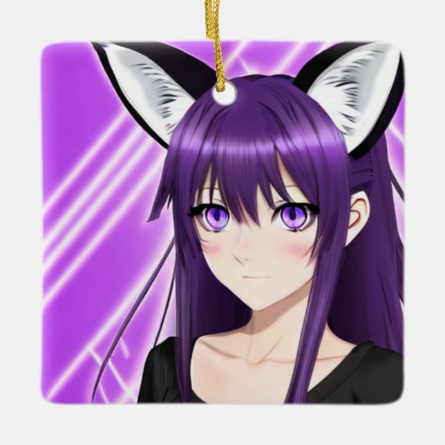 Personalized Anime Girl with Purple Hair and Eyes Ceramic Ornament (Front)