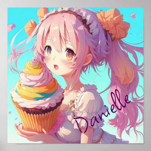 Personalized Anime Girl with Whimsical Cupcake Poster (Front)