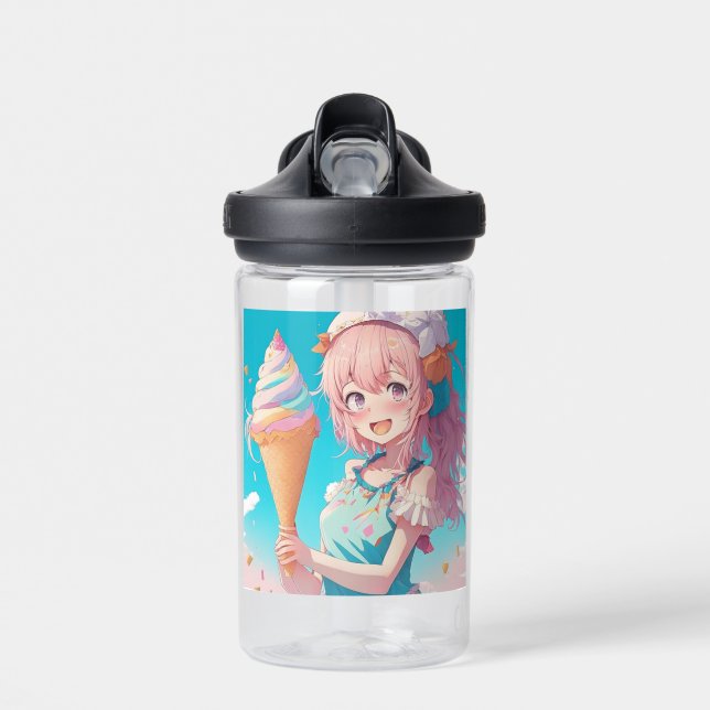 Personalized  Anime Girl with Whimsical Ice Cream  Water Bottle (Front)