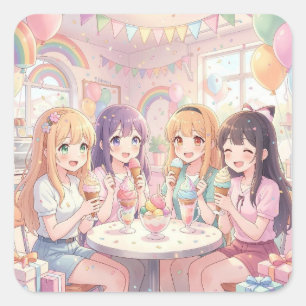 Personalized Anime Girl's Ice Cream Birthday Party Square Sticker