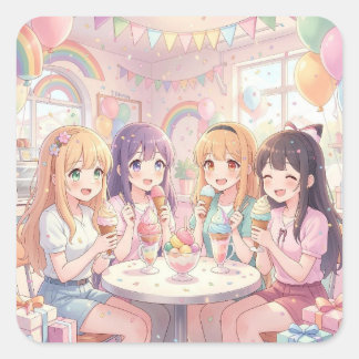Personalized Anime Girl's Ice Cream Birthday Party Square Sticker