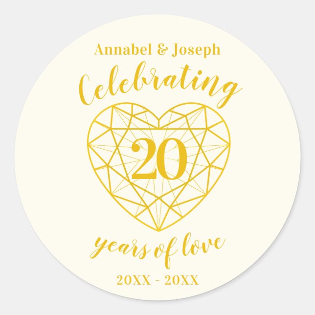 Personalized anniversary 20 years golden diamond classic round sticker (Front)