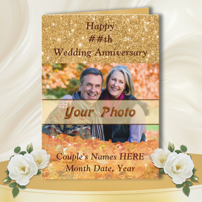 Personalized Anniversary Cards for Him and Her (50th anniversary photo cards. Picture anniversary cards. Personalised photo anniversary cards. Gold)