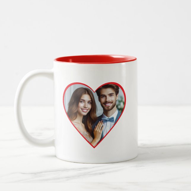 Personalized Anniversary Custom Photo Heart Red Two-Tone Coffee Mug (Left)