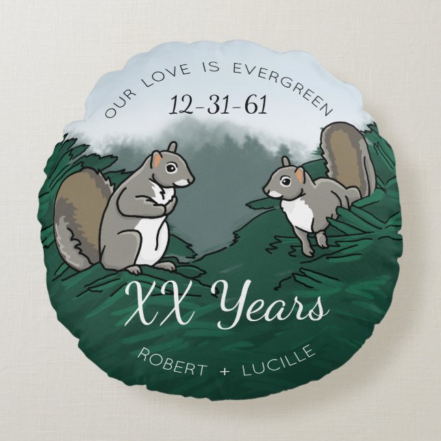 Personalized Anniversary Evergreen Love Squirrels Round Pillow (Front)