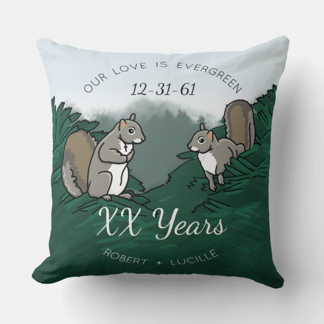 Personalized Anniversary Evergreen Love Squirrels Throw Pillow (Front)