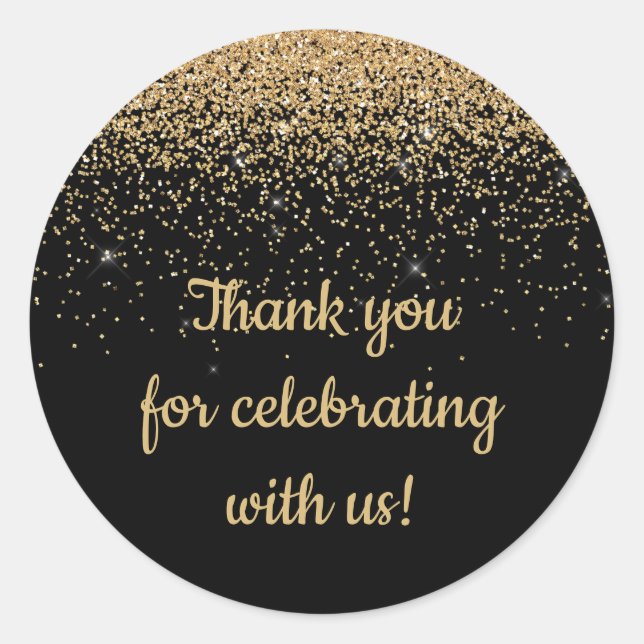 Personalized Anniversary Party Favour Black & Gold Classic Round Sticker (Front)