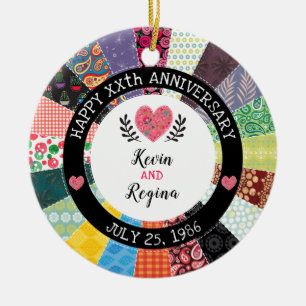 Personalized Anniversary, Patchwork Quilt Pattern Ceramic Ornament