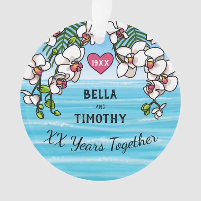 Personalized Anniversary Tropical Beach Orchids Ornament (Front)