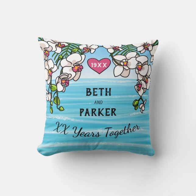 Personalized Anniversary Tropical Beach Orchids Throw Pillow (Front)