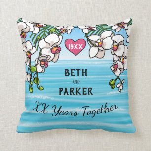 Personalized Anniversary Tropical Beach Orchids Throw Pillow