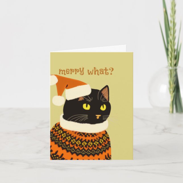 Personalized anti Christmas Black Cat Ugly Sweater Holiday Card (Front)