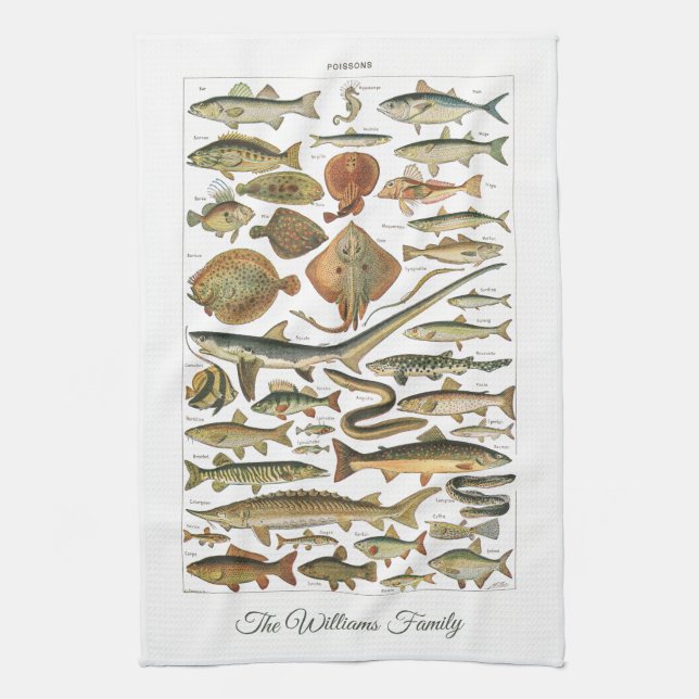 Personalized antique French Under-the-sea fish Kitchen Towel (Vertical)