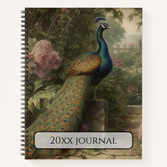 Personalized Antique Peacock Botanical Deluxe  Notebook (Front)