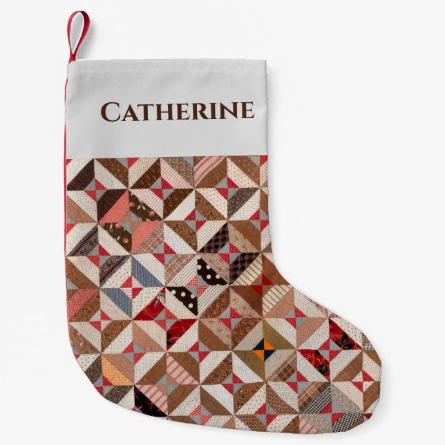 Personalized Antique Spool Pattern Patchwork Quilt Small Christmas Stocking (Front)