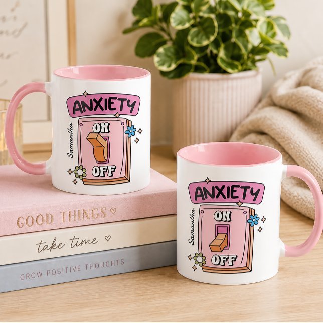 Personalized Anxiety On Off Switch Pink Coffee Mug (For those magical mornings when coffee is ON, productivity is questionable.)