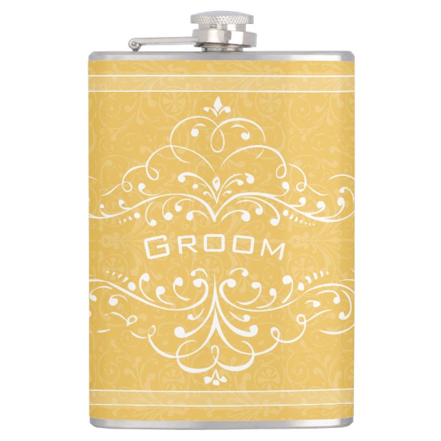 Personalized Any Colour Vintage Flourish Groom Hip Flask (Front)