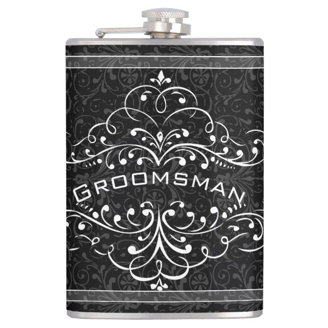 Personalized Any Colour Vintage Flourish Groomsman Hip Flask (Front)