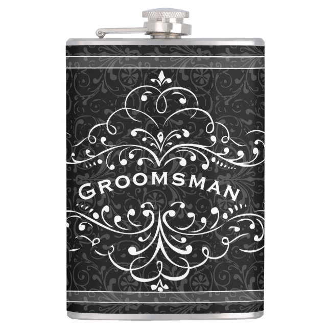 Personalized Any Colour Vintage Flourish Groomsman Hip Flask (Front)