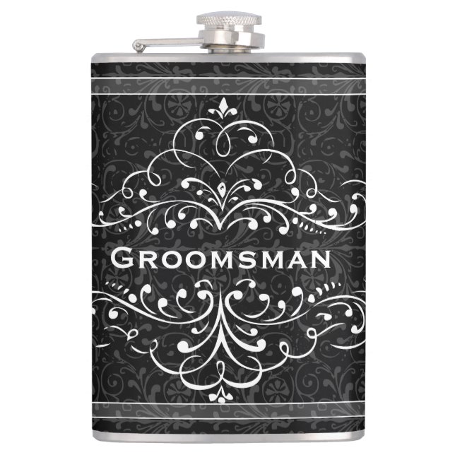 Personalized Any Colour Vintage Flourish Groomsman Hip Flask (Front)
