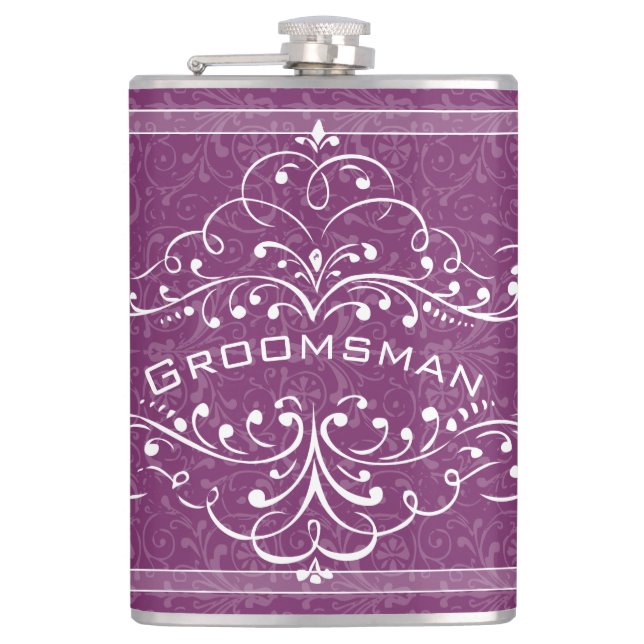 Personalized Any Colour Vintage Flourish Groomsman Hip Flask (Front)