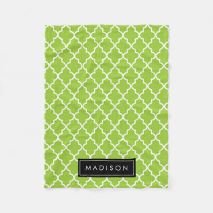 Personalized Apple Green and Black Quatrefoil Fleece Blanket