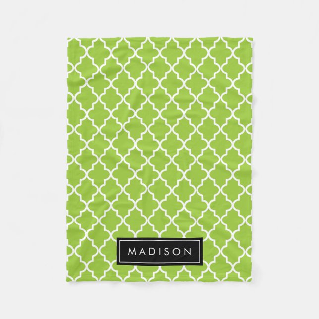 Personalized Apple Green and Black Quatrefoil Fleece Blanket (Front)