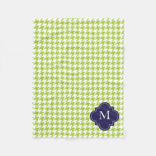 Personalized Apple Green, Navy Houndstooth Pattern Fleece Blanket (Front)