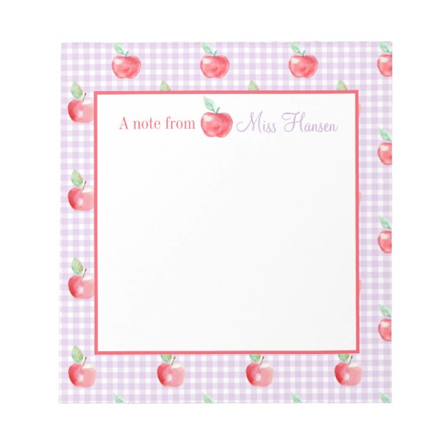 Personalized Apple Lavender Gingham Teacher  Notepad (Front)